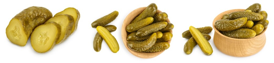 Marinated pickled cucumber isolated on white background with full depth of field. Set or collection