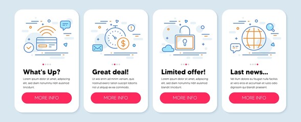 Set of Technology icons, such as Contactless payment, Last minute, Lock symbols. Mobile app mockup banners. Globe line icons. Credit card, Buying timer, Private locker. Internet world. Vector