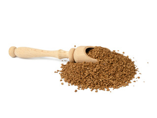 pile of black coffee granules and wooden spoon isolated on white background