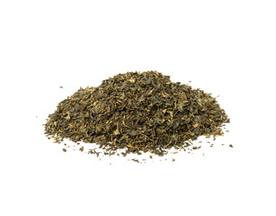 pile of dry green tea isolated on white background