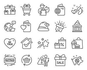 Holidays icons set. Included icon as Refresh cart, Fastpass, Shopping signs. Ice cream, Shopping trolley, Santa boots symbols. Sale offer, Surprise boxes, Be true. Smile, Travel passport. Vector
