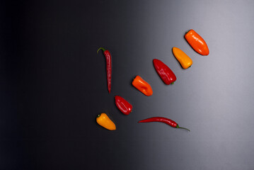 presentation of multicolored peppers, avocado guacamole on black background