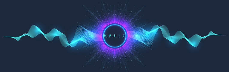 Music abstract background. Music wave poster design. Sound flyer with abstract gradient line waves, vector concept