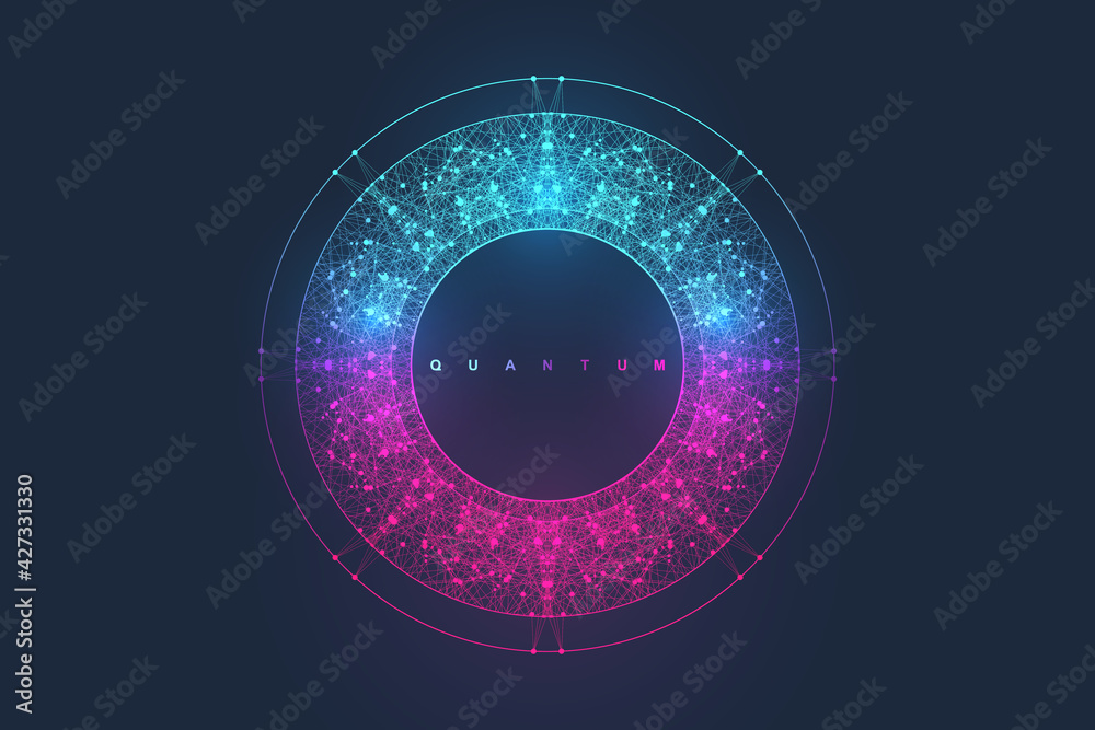 Poster Abstract fiction vector illustration quantum computer technology. Sphere explosion background. Deep learning artificial intelligence. Big data visualization algorithms. Waves flow. Quantum explosion