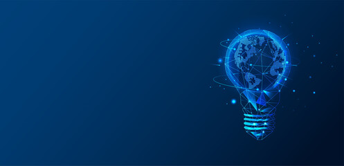 Abstract low-poly light bulb with a planet inside. The Internet Technology triangle icon is a concept of a polygonal network. An idea, electricity, innovation, or other conceptual illustration.