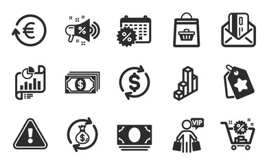 Cash money, Online buying and Credit card icons simple set. Calendar discounts, Money exchange and 3d chart signs. Exchange currency, Loyalty tags and Vip shopping symbols. Flat icons set. Vector