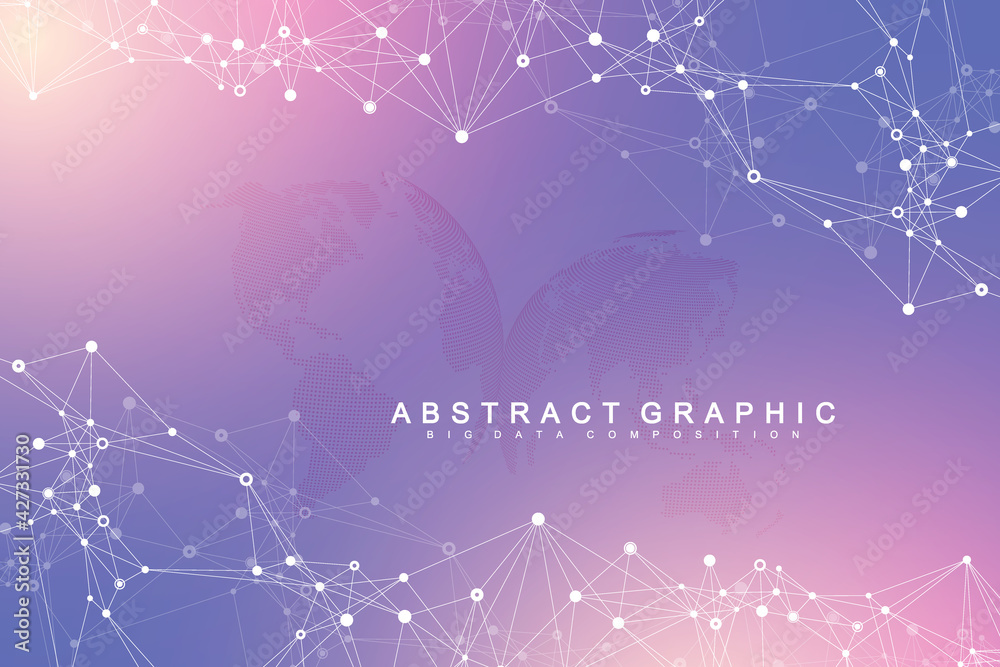 Fototapete Geometric abstract background with connected lines and dots. Connectivity flow point. Molecule and communication background. Graphic connection background for your design. Vector illustration.