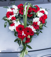 Car jewelry with red gerbera and roses on a bonnet for the wedding. Copy space