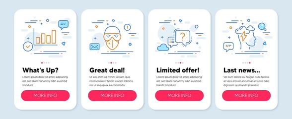 Set of Science icons, such as Question mark, Medical mask, Report diagram symbols. Mobile screen mockup banners. Mindfulness stress line icons. Quiz chat, Protection glasses, Financial market. Vector