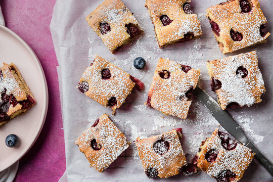 freshly baked sponge cake with fruits 