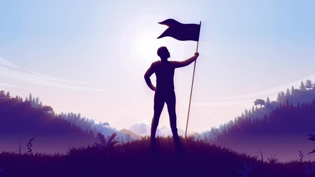 Personal achievement - Man holding flag on hilltop celebrating reaching his goal. Victory, winning and conquer adversity concept. Animation