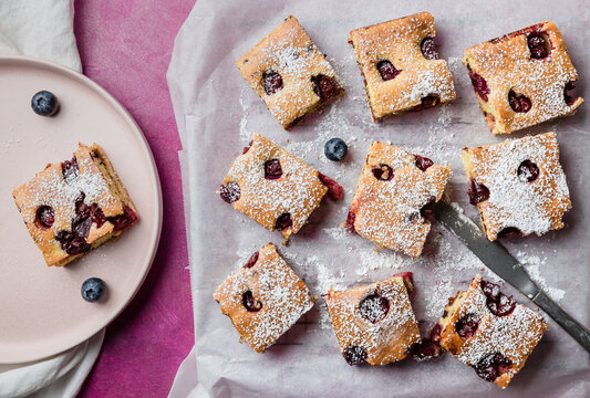 freshly baked sponge cake with fruits 