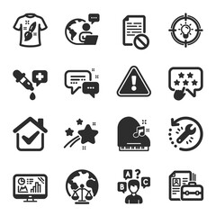 Set of Education icons, such as Wrong file, Piano, Analytics graph symbols. Employees messenger, T-shirt design, Quiz test signs. Recovery tool, Ranking star, Magistrates court. Vacancy. Vector
