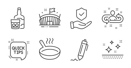 Whiskey glass, Insurance hand and Recruitment line icons set. Frying pan, Signature and Arena signs. Clean skin, Quick tips symbols. Scotch drink, Full coverage, Manager change. Business set. Vector