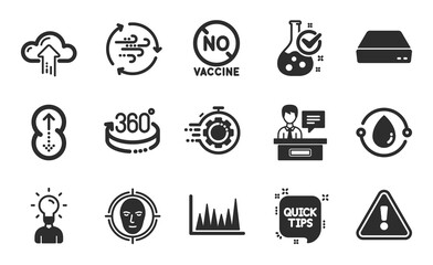 Chemistry lab, Cold-pressed oil and Quick tips icons simple set. Seo timer, Face detect and Swipe up signs. Wind energy, 360 degrees and Education symbols. Line graph, Mini pc and Exhibitors. Vector