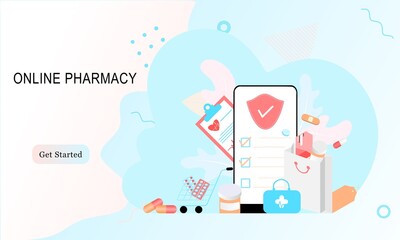 Landing page of Online pharmacy, healthcare, drugstore and ecommerce app concept. Vector of prescription drugs, first aid kit and medical supplies being sold via computer web or smartphone application