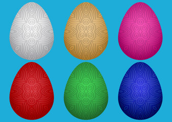 Set of Easter chicken eggs of different colors with ethnic geometric pattern on a blue background. 