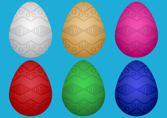 Set of Easter chicken eggs in different colors with ethnic geometric abstract pattern on a blue background.