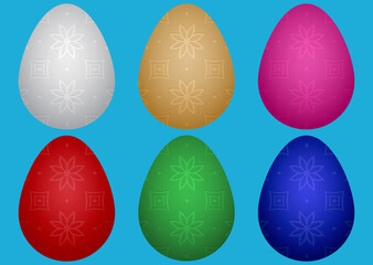 Set of Easter chicken eggs in different colors with ethnic geometric decorative pattern on a light blue background.