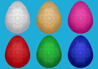 Set of Easter chicken eggs in different colors with ethnic geometric floral pattern on a light blue background.