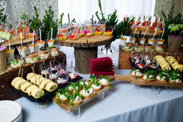 Delicious snacks at the banquet. Catering on banquet.