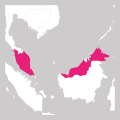 Fototapeta premium Map of Malaysia pink highlighted with neighbor countries