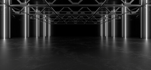 A dark hall lit by white neon lights. Reflections on the floor and walls. 3d rendering image.