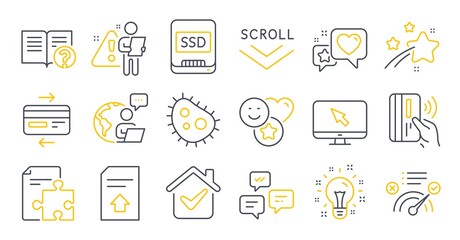 Set of Technology icons, such as Smile, Upload file, Help symbols. Strategy, Chat messages, Ssd signs. Bacteria, Idea, Contactless payment. Heart, Internet, Correct answer. Scroll down. Vector