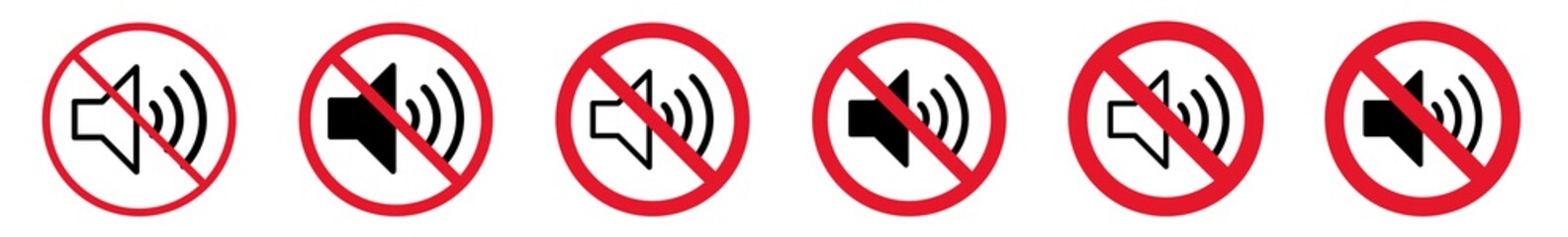 Prohibition Sign Sound Forbidden Icon Set | Loud Speaker Prohibition Signs Prohibited Vector Illustration Logo | Audio Volume Prohibition Sign Isolated Collection