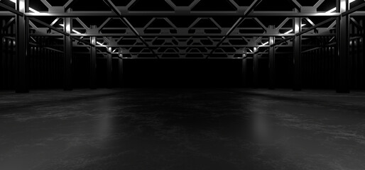 A dark hall lit by white neon lights. Reflections on the floor and walls. 3d rendering image.