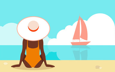 Obraz na płótnie Canvas Summer holiday Vector illustration in flat design Young tan woman in white hat is sitting on the seashore and looking on sailboat