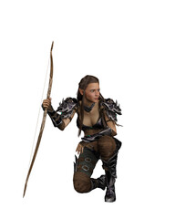 3D illustration of a female elf archer kneeling with a bow and isolated on white.