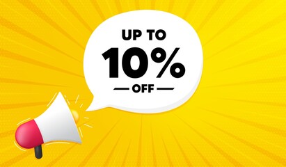 Up to 10 percentoff Sale. Yellow background with megaphone. Discount offer price sign. Special offer symbol. Save 10 percentages. Megaphone banner. Discount speech bubble. Loudspeaker vector