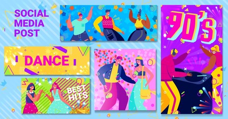Disco retro post, dance banner, party music people, flyer poster, woman bright club, design, cartoon style vector illustration.