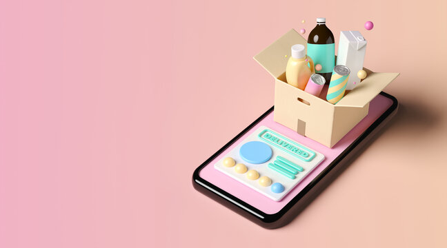 Minimal background for online shopping and digital marketing concept. Mobile phone with feedback and grocery box on pink background. 3d rendering illustration. Clipping path of each element included.