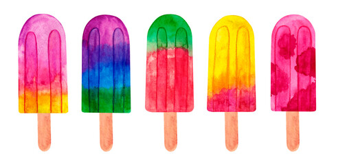 Hand drawn watercolor ice cream isolated on white background. Watercolor illustration of juicy ice creams on wooden stick