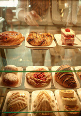 a woman in a cafe chooses sweets, cakes. 