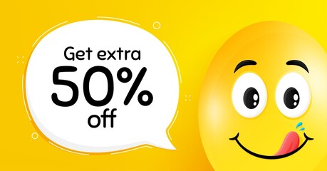 Get Extra 50 percent off Sale. Easter egg with yummy smile face. Discount offer price sign. Special offer symbol. Save 50 percentages. Easter smile character. Extra discount speech bubble. Vector