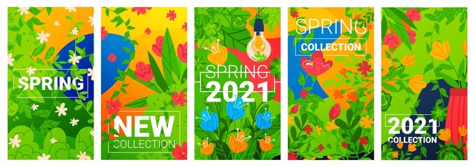 Spring sale banner, beautiful background, season flower, color text decoration, design, in cartoon style vector illustration.