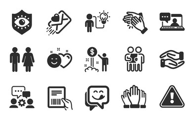 Smile, Eye protection and Income money icons simple set. Business idea, Engineering team and Love letter signs. Friends chat, Survey and Restroom symbols. Flat icons set. Vector
