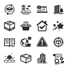 Set of Industrial icons, such as Return parcel, Lighthouse, Skyscraper buildings symbols. Parcel tracking, Delivery box, Construction document signs. Online documentation, Office box. Vector