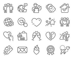 Love icons set. Included icon as Love couple, Honeymoon travel, Hold heart signs. Love award, Break up, Champagne glasses symbols. World brand, Heart, Like button. Valentine line icons. Vector