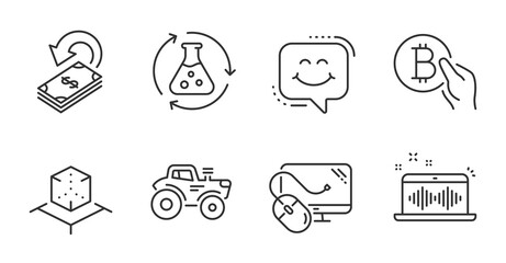 Computer mouse, Smile chat and Tractor line icons set. Chemistry experiment, Augmented reality and Cashback signs. Music making, Bitcoin pay symbols. Pc component, Happy face, Farm transport. Vector