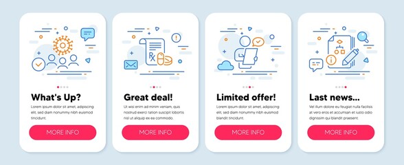 Set of Science icons, such as Customer survey, Coronavirus, Medical prescription symbols. Mobile app mockup banners. Algorithm line icons. Contract, Who, Medicine drugs. Project. Vector