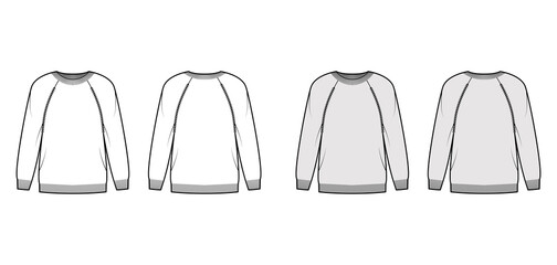 Sweater technical fashion illustration with rib crew neck, long raglan sleeves, oversized, thigh length, knit cuff trim. Flat pullover apparel front, back, white grey color. Women, unisex CAD mockup