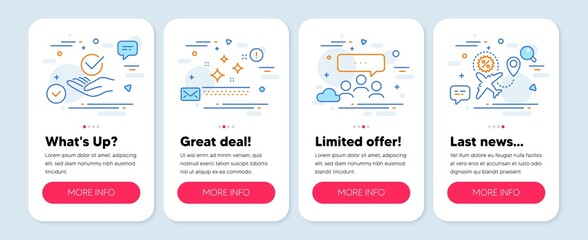 Set of Business icons, such as Meeting, Clean skin, Approved symbols. Mobile screen app banners. Flight sale line icons. Team business, Face cream, Verified symbol. Travel discount. Vector