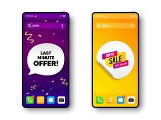 Super sale banner. Phone mockup vector confetti banner. Discount sticker shape. Coupon bubble icon. Social story post template. Last minute offer speech buuble. Cell phone frame banner. Vector