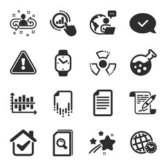Set of Education icons, such as Approved message, Recruitment, Chemistry lab symbols. Agreement document, Chemical hazard, Smartwatch signs. File, Diagram chart, Recovery file. Time zone. Vector