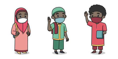 African Muslim Kids Character Wearing Face Mask Wave Each Other. Vector Illustration. Children Book Illustration.
