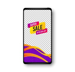 Super sale banner. Phone mockup vector banner. Discount sticker shape. Coupon bubble icon. Social story post template. Super sale badge. Cell phone frame. Liquid modern background. Vector